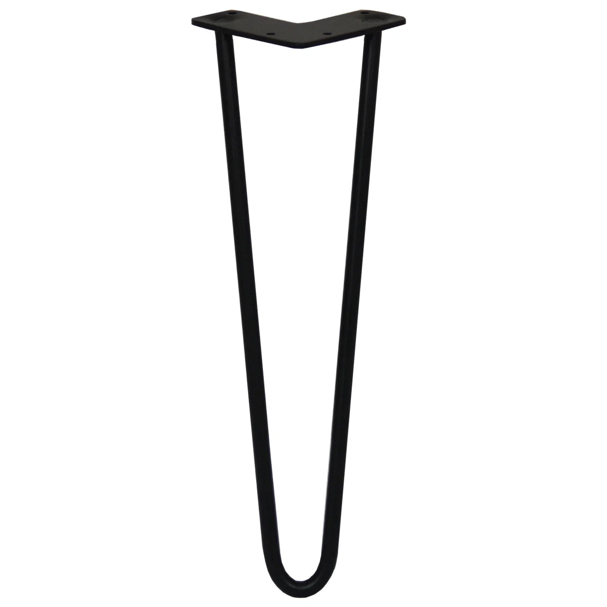 Black 4 x 16-inch hairpin legs with a sleek two-prong design, made from durable metal for sturdy furniture support