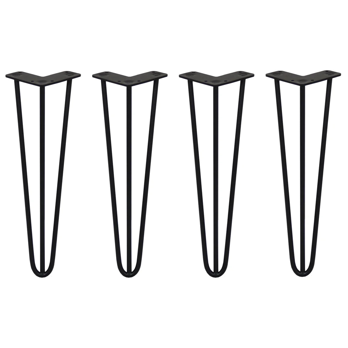 Black 16-inch hairpin legs with a sleek 3-prong design, made of durable 10mm metal, perfect for DIY furniture projects