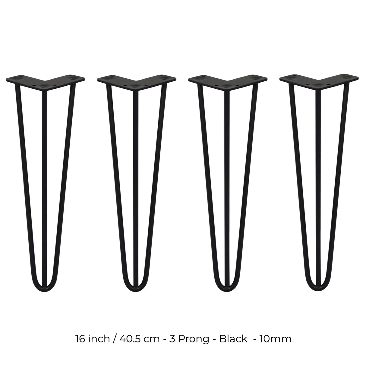 Black 16-inch hairpin legs with a sleek 3-prong design, made of durable metal, ideal for furniture projects and home decor