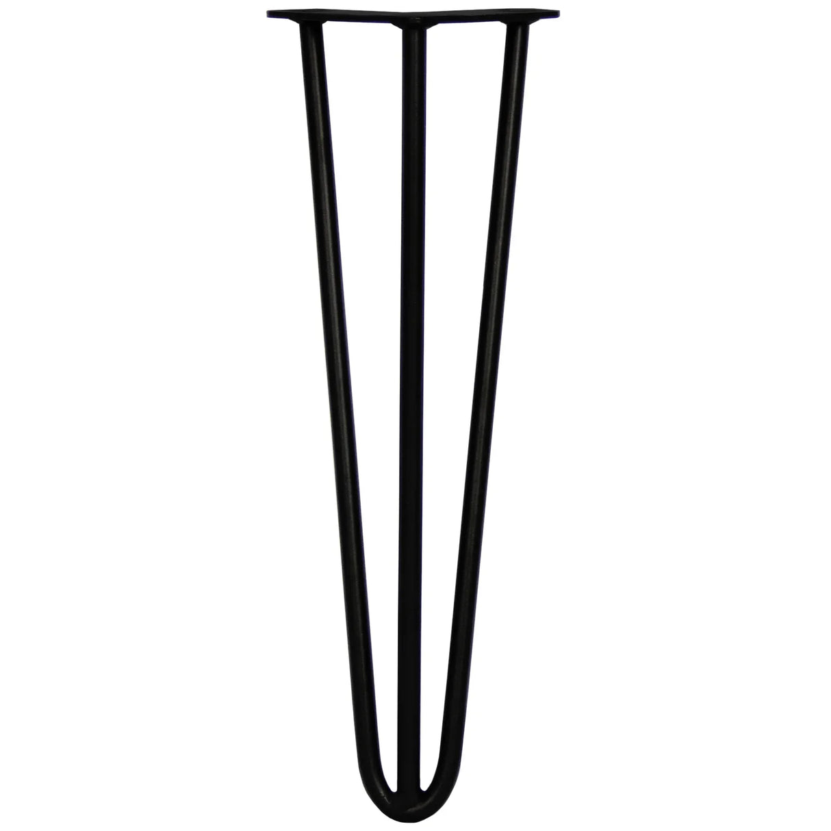 Black 4 x 16" hairpin legs with a sleek, modern design, featuring three prongs and a sturdy 12mm diameter for furniture support