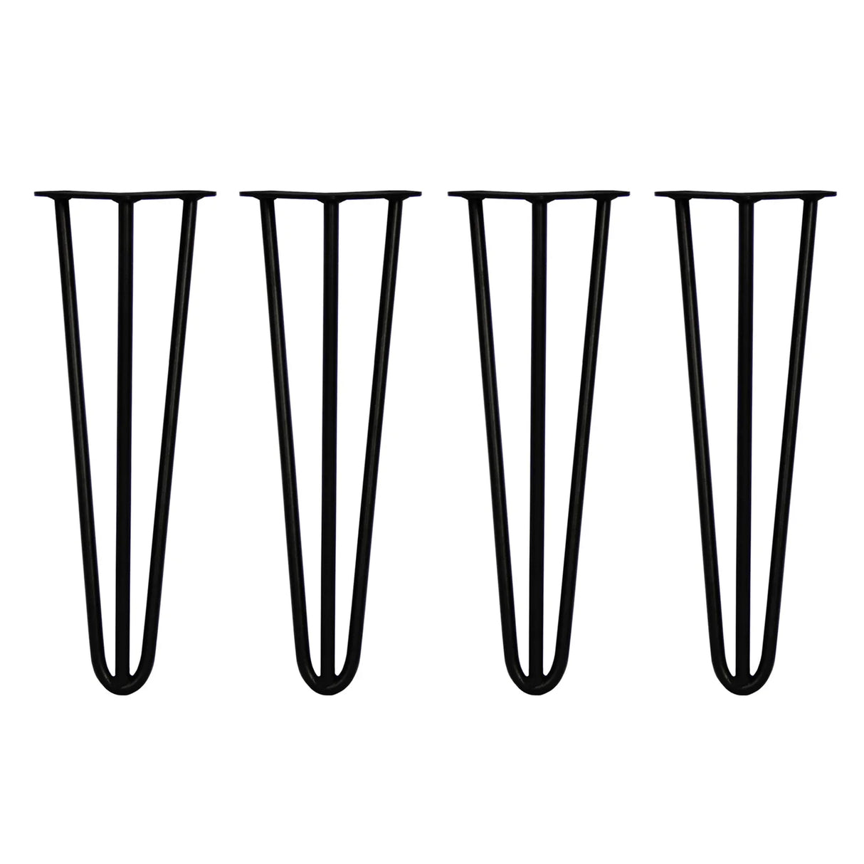 Black 16-inch hairpin legs with a sleek, modern design, featuring three prongs and a sturdy 12mm thickness for furniture projects