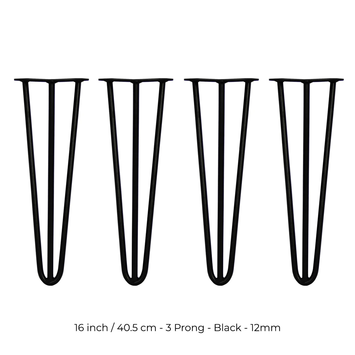 Set of four 16-inch black hairpin legs with a sleek 3-prong design, made of sturdy metal for furniture projects