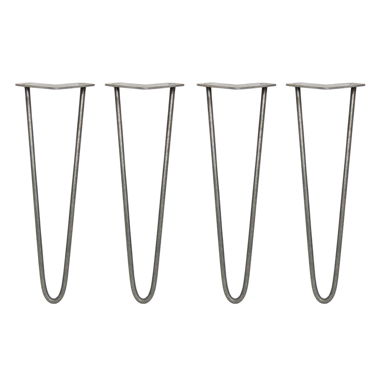 Raw steel hairpin legs, 4 x 16 inches, featuring a sleek, minimalist design with a sturdy 10mm thickness and two prongs