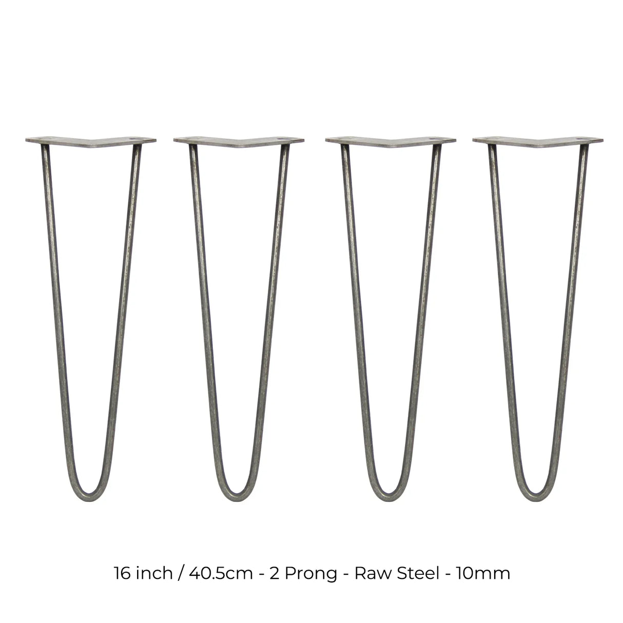 Four 16-inch hairpin legs made of raw steel, featuring a sleek 2-prong design with a smooth, industrial finish