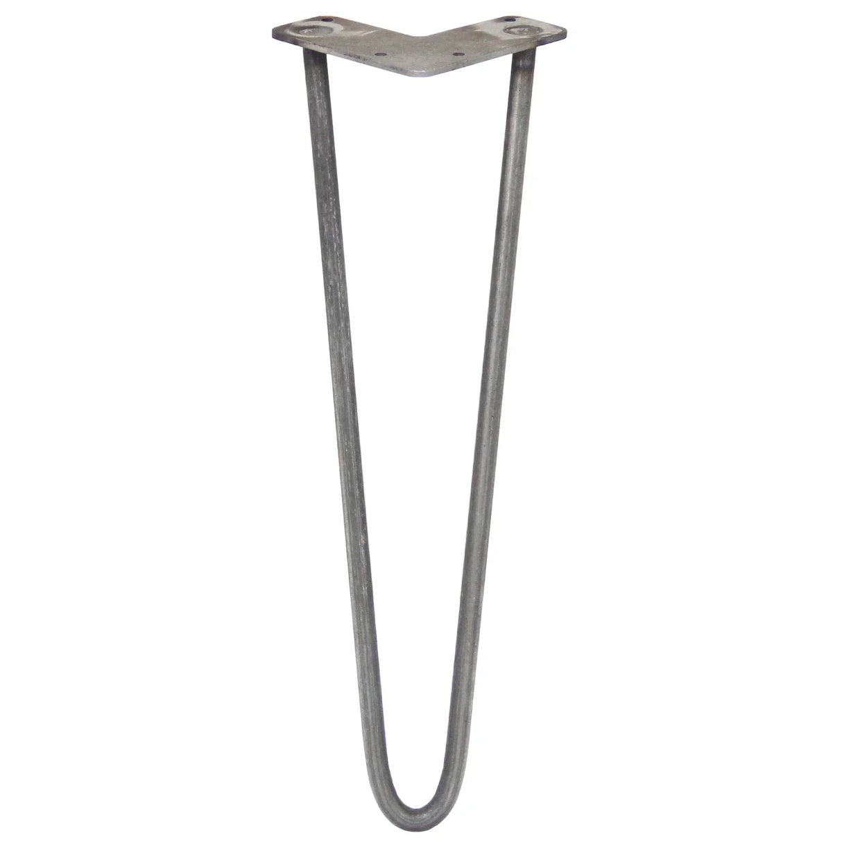 Raw steel hairpin leg with a 2-prong design, 16 inches tall, featuring a sleek, minimalist shape perfect for furniture projects