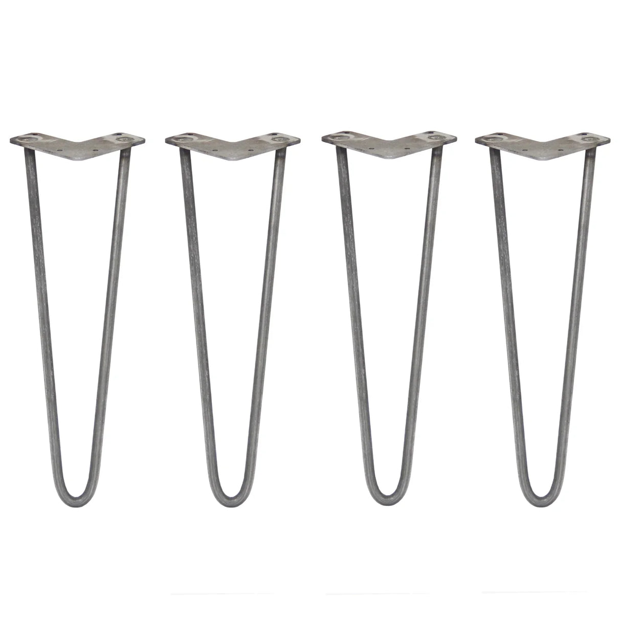 Four 16-inch hairpin legs in raw steel, featuring a sleek two-prong design and smooth, sturdy texture for furniture projects