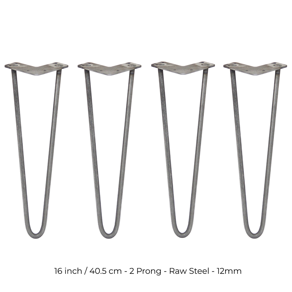 4 x 16" Hairpin Legs - 2 Prong - 12mm - Raw Steel