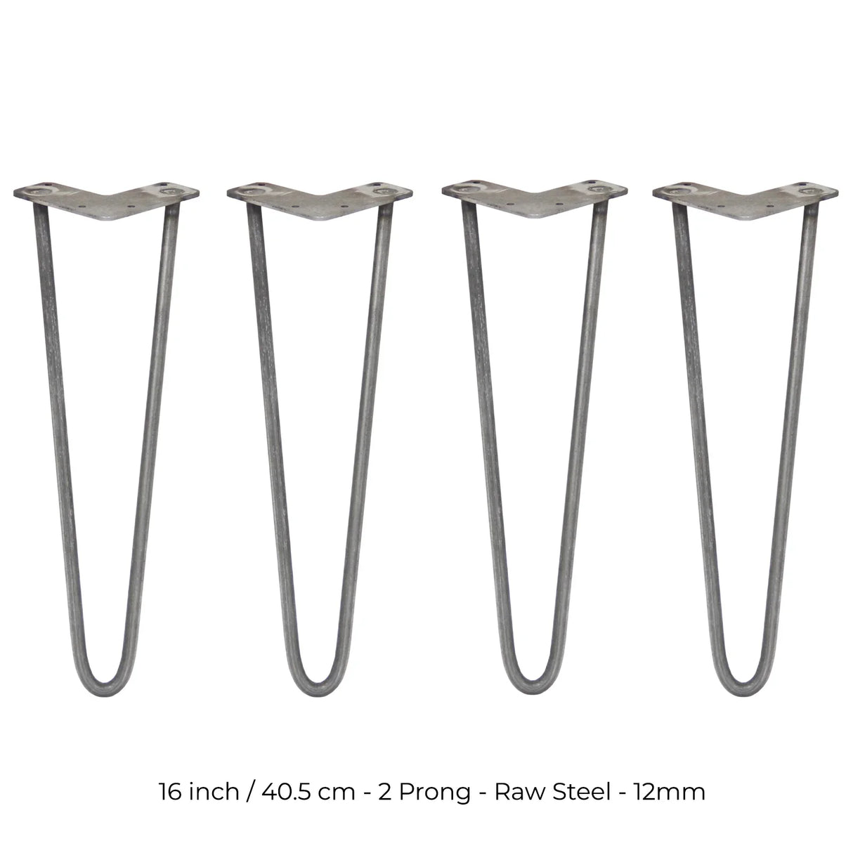 Raw steel hairpin legs, 16 inches tall, featuring a sleek 2-prong design, ideal for DIY furniture projects and modern decor