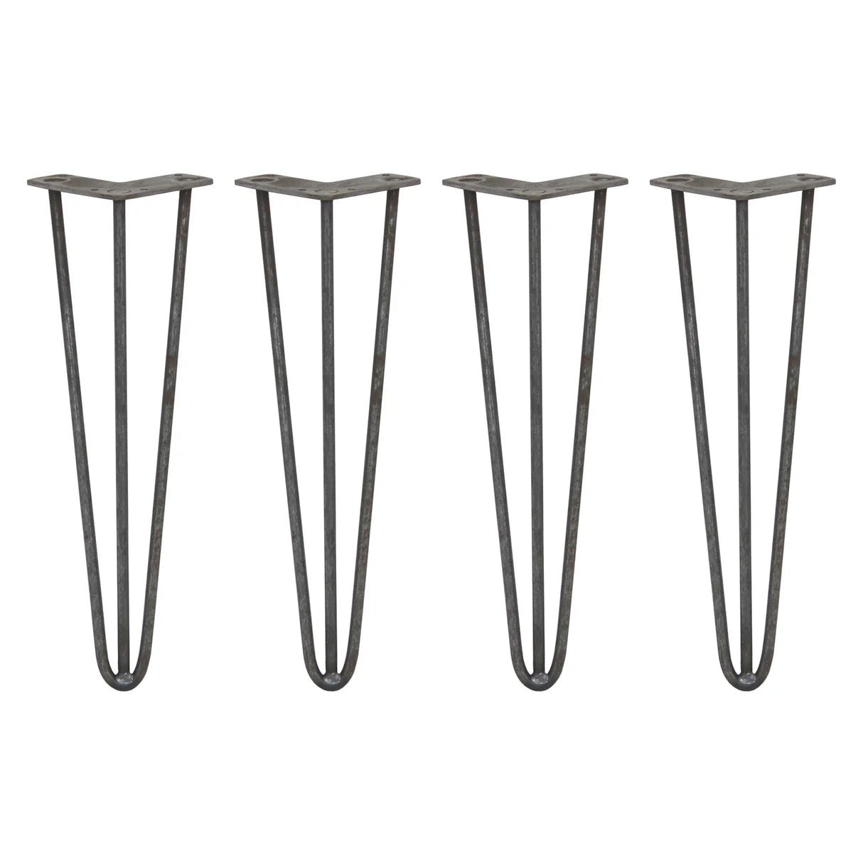 Raw steel hairpin legs in a sleek 3-prong design, measuring 16 inches tall, perfect for DIY furniture projects
