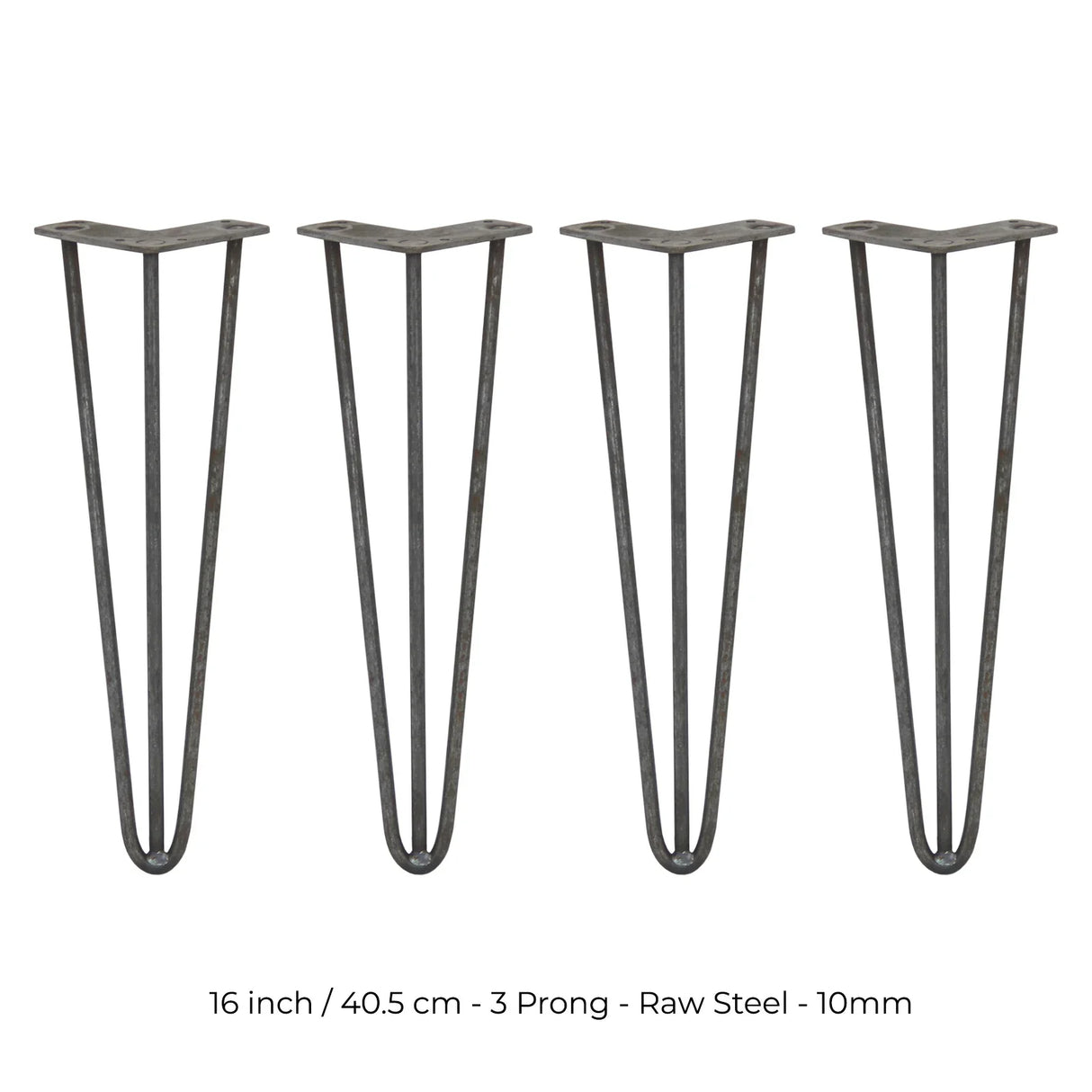 Set of four 16-inch hairpin legs in raw steel, featuring a sleek 3-prong design and sturdy 10mm thickness for furniture projects