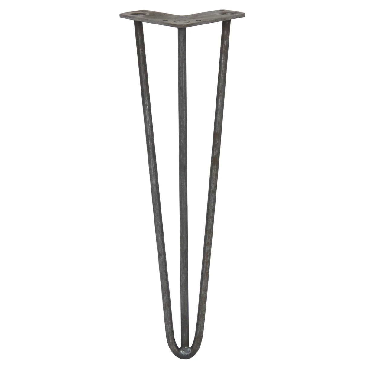 Raw steel hairpin leg with a 3-prong design, measuring 16 inches tall, featuring a sleek, industrial style perfect for furniture projects
