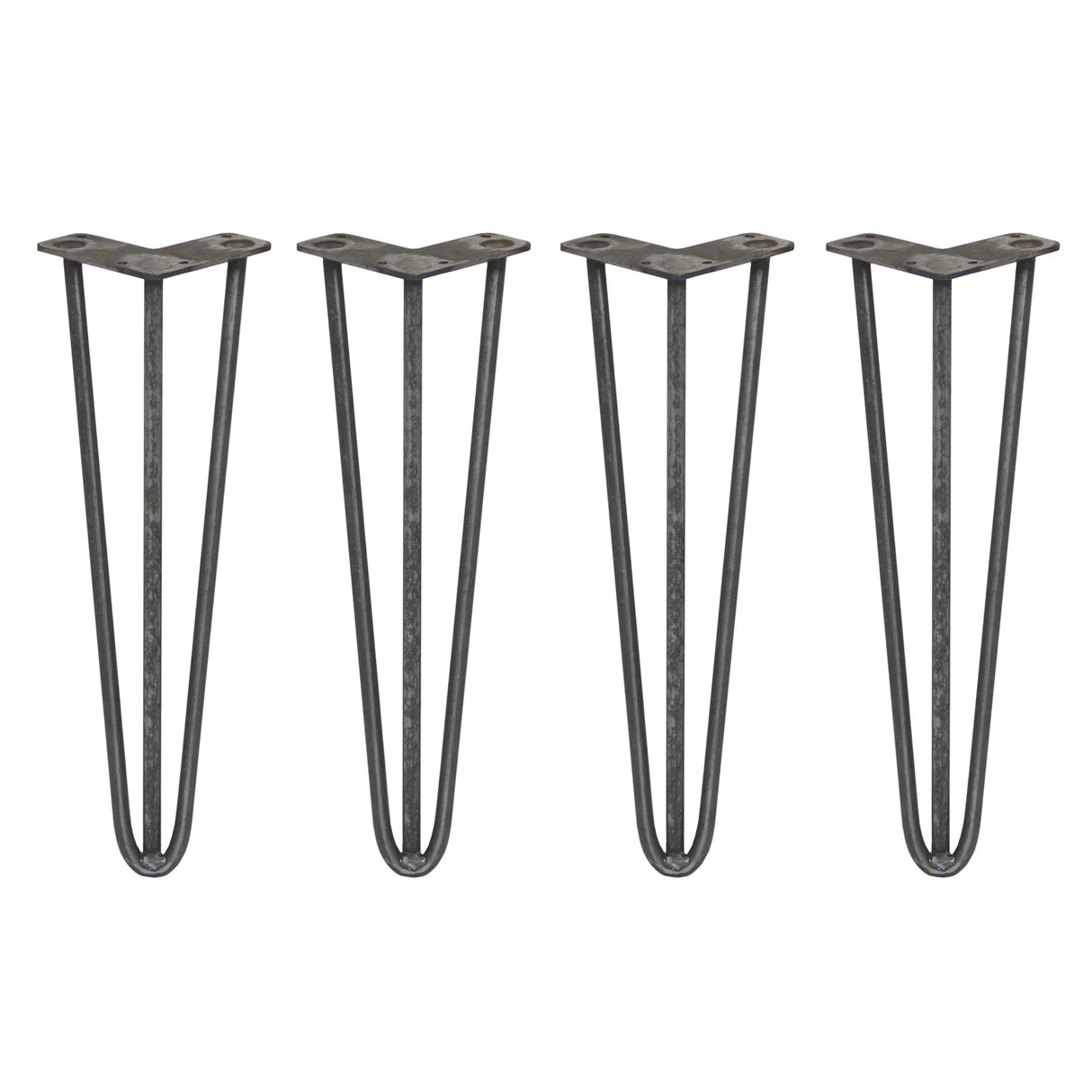 Four 16-inch hairpin legs made of raw steel, featuring a sleek three-prong design and a sturdy, industrial look for furniture projects