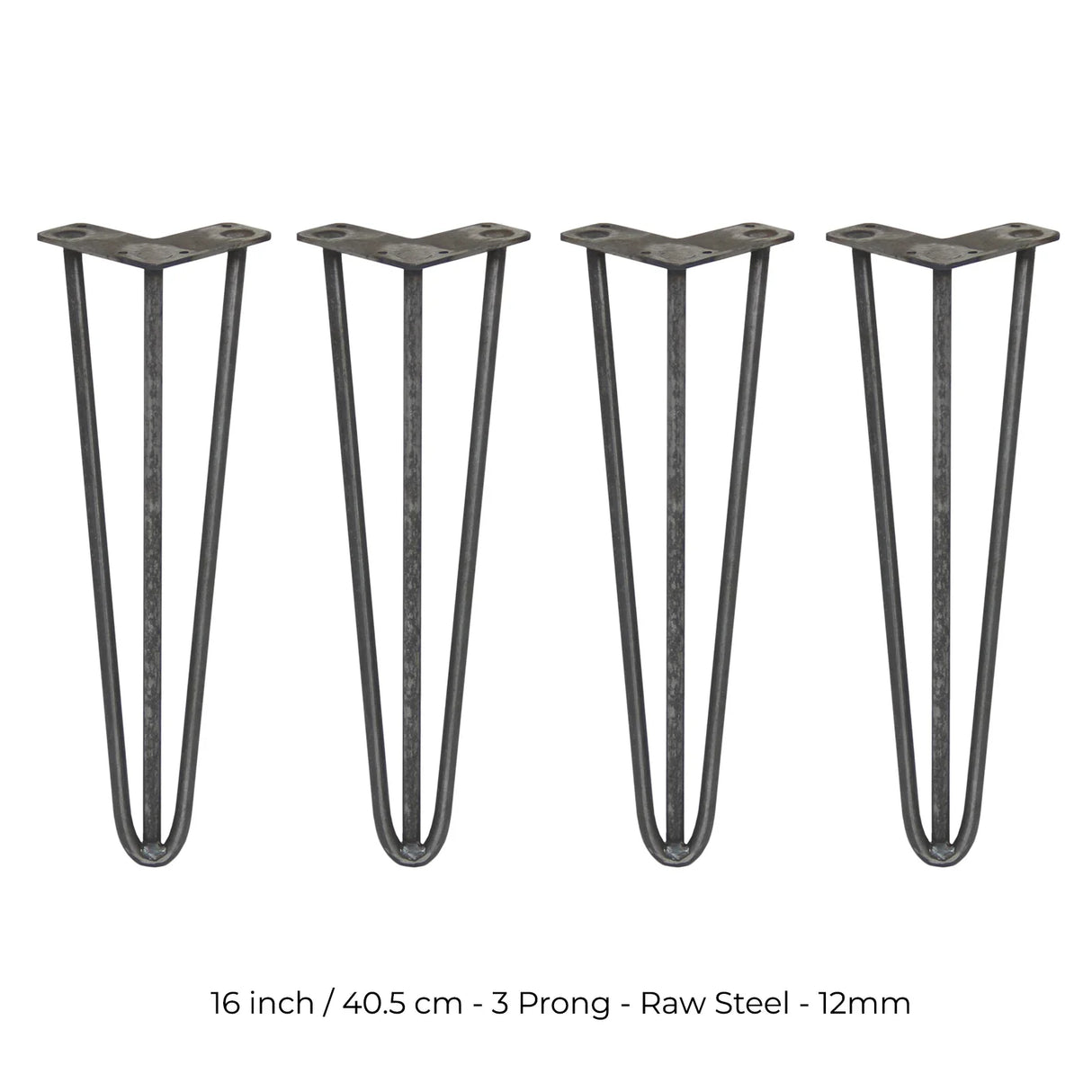 Four 16-inch hairpin legs in raw steel, featuring a sleek three-prong design and sturdy 12mm thickness for furniture projects