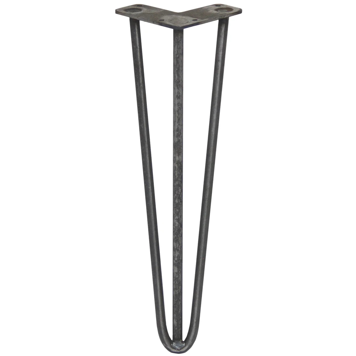 Raw steel hairpin leg with a 3-prong design, measuring 16 inches tall, featuring a sleek, minimalist shape and sturdy construction