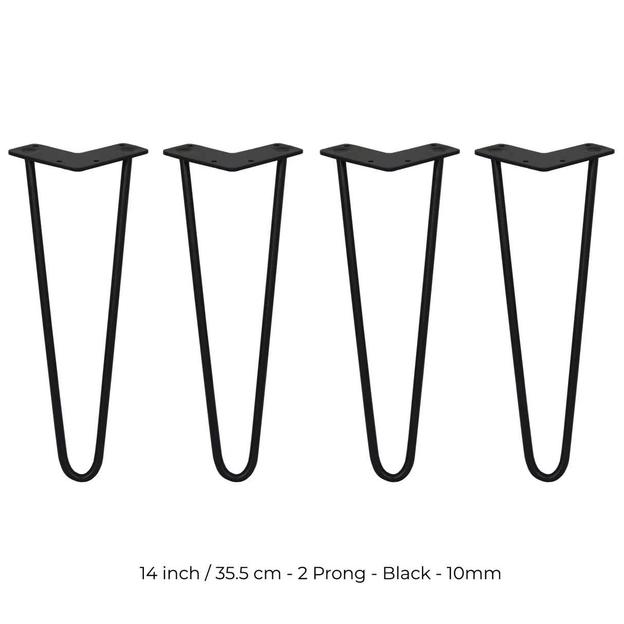 Black 14-inch hairpin legs with a sleek 2-prong design, made of durable metal, perfect for modern furniture projects