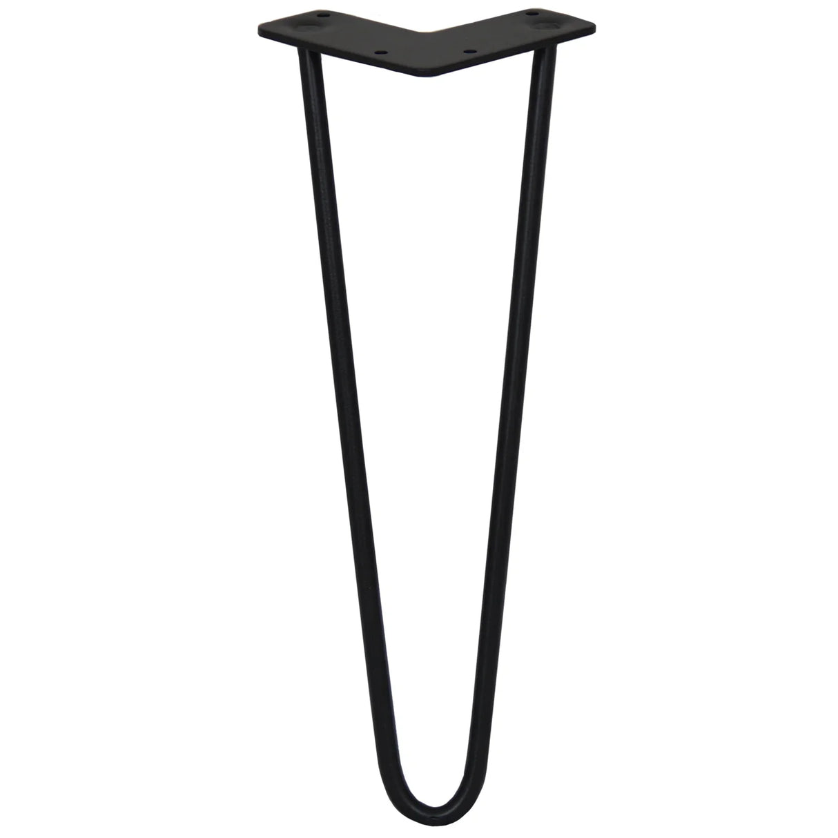 Black 14-inch hairpin leg with a sleek, minimalist design, featuring two prongs and a sturdy 10mm thickness for furniture support