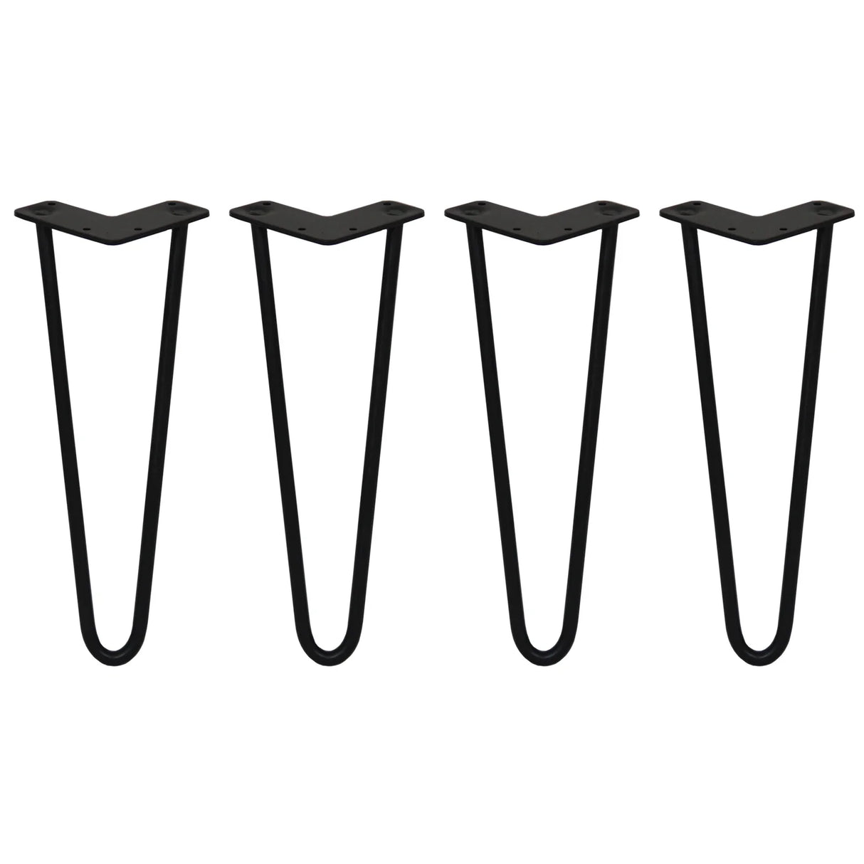 Black 14-inch hairpin legs with a sleek 2-prong design, made from durable metal, ideal for DIY furniture projects