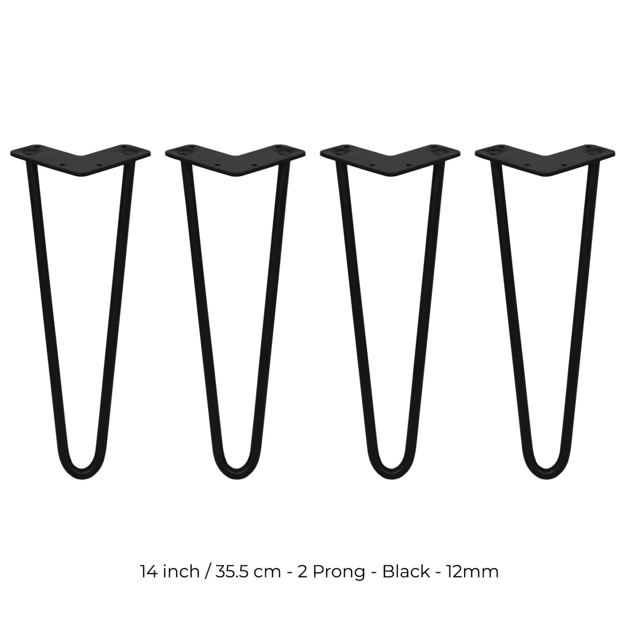 Black 14-inch hairpin legs with a sleek 2-prong design, made from durable metal, perfect for DIY furniture projects