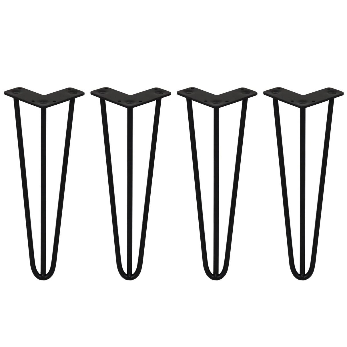 Black 14-inch hairpin legs with a sleek 3-prong design, ideal for modern furniture projects and DIY home decor