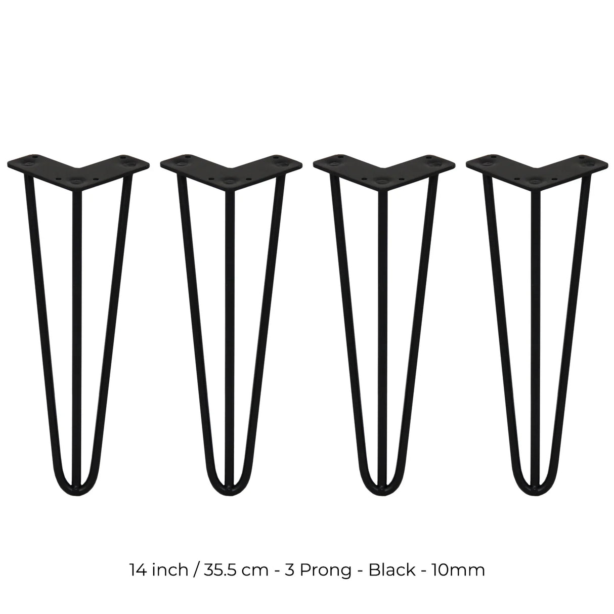 Black 14-inch hairpin legs with a sleek 3-prong design, made of durable metal, perfect for DIY furniture projects