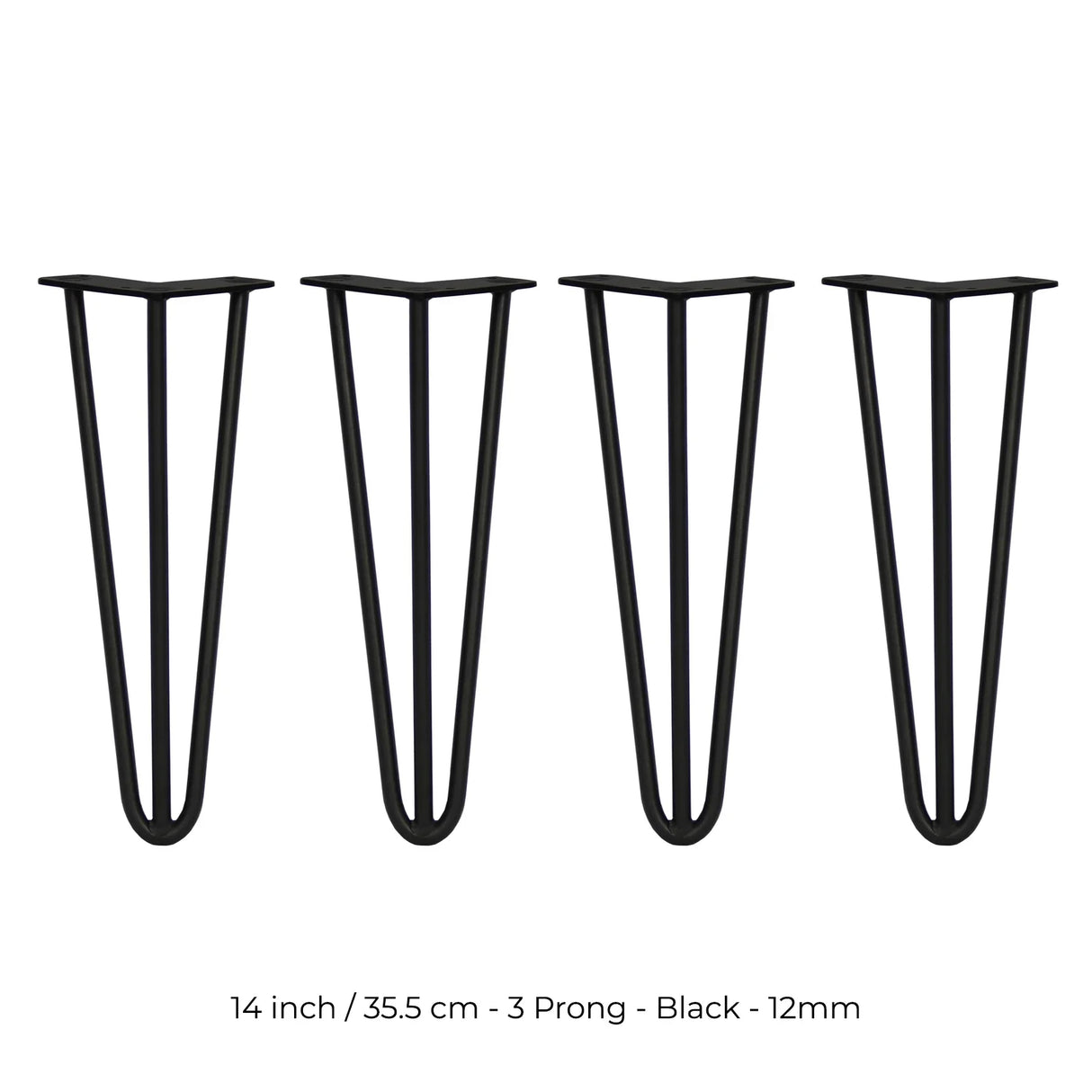 Black 14-inch hairpin legs with a sleek three-prong design, made of sturdy 12mm metal, ideal for DIY furniture projects