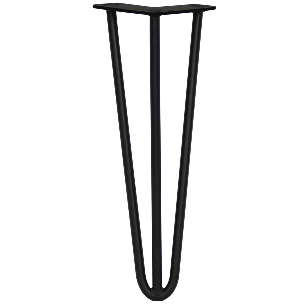 Black 14-inch hairpin leg with a sleek 3-prong design, made of durable metal, perfect for modern furniture projects