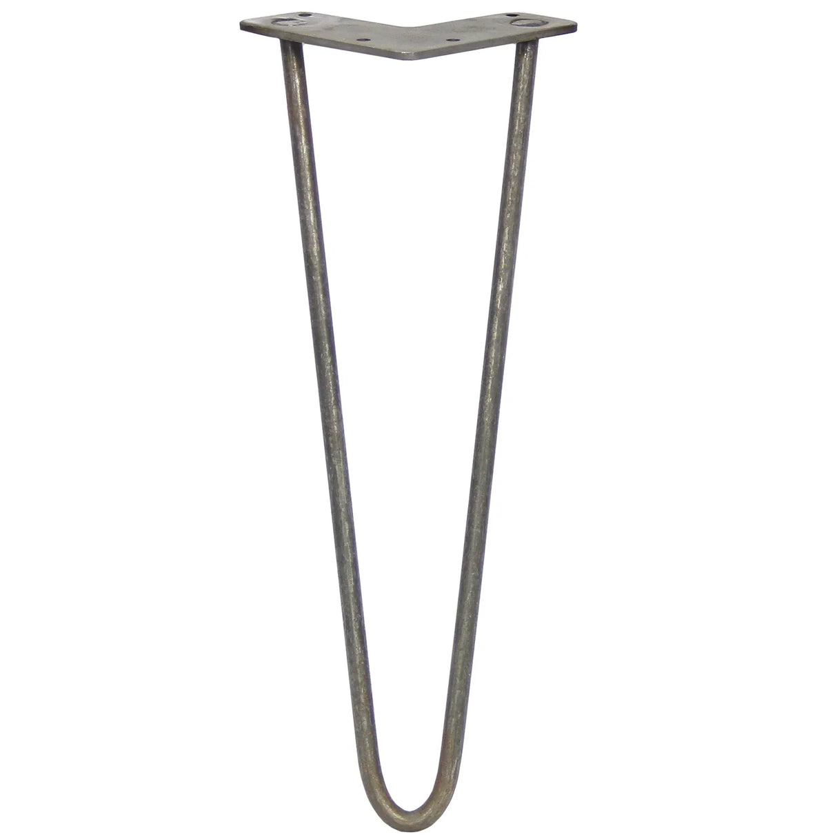 Raw steel hairpin leg with a sleek 2-prong design, measuring 14 inches tall and 10mm thick, perfect for modern furniture projects