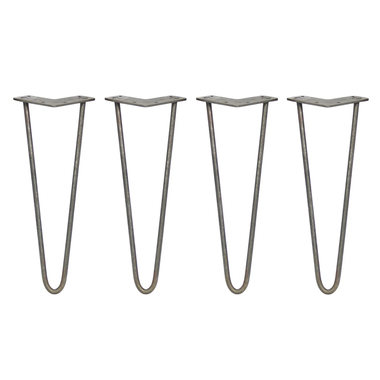 Raw steel hairpin legs, 14 inches tall, featuring a sleek 2-prong design, perfect for DIY furniture projects and modern decor