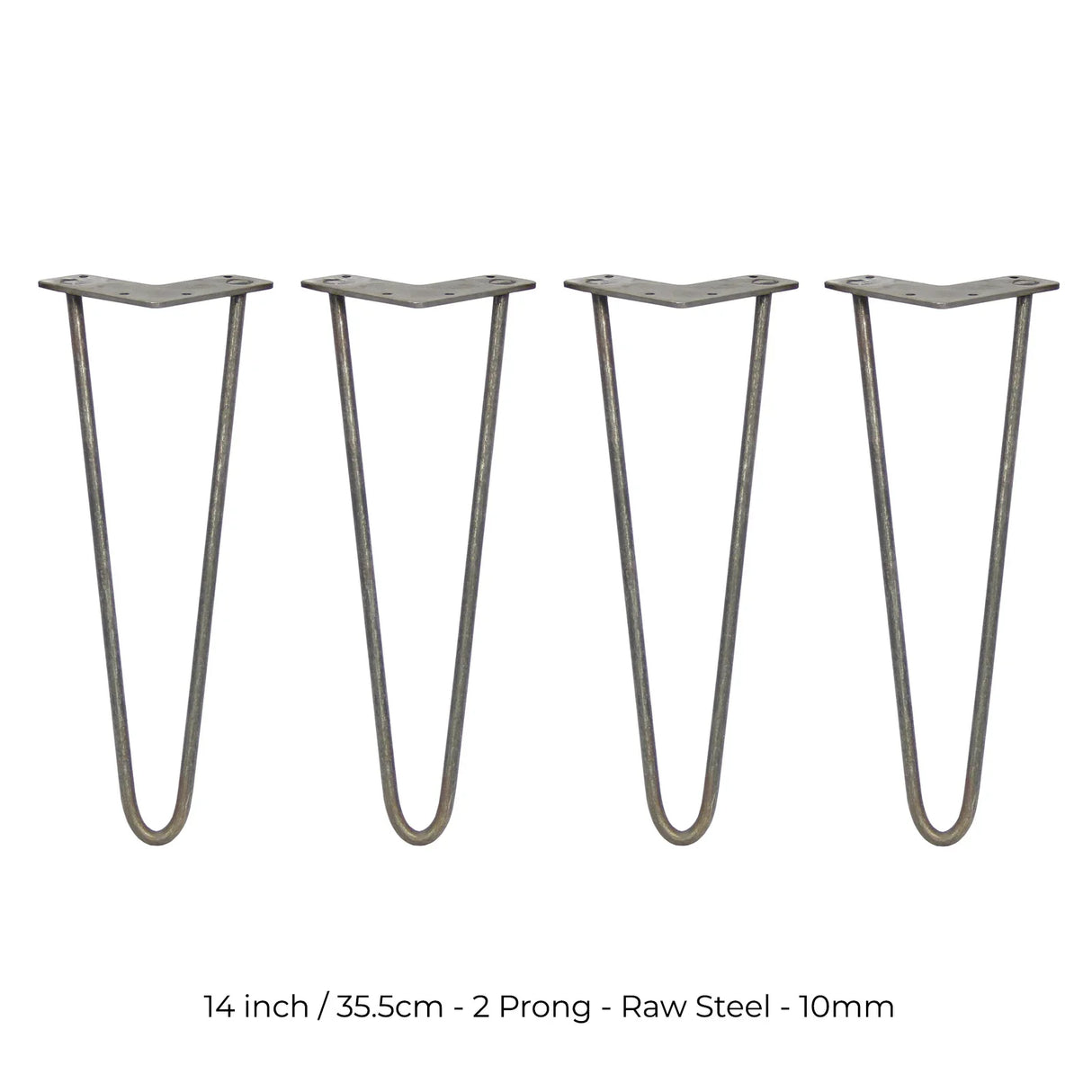 Four 14-inch hairpin legs in raw steel with a sleek, minimalist design, featuring a sturdy 10mm thickness and two prongs each