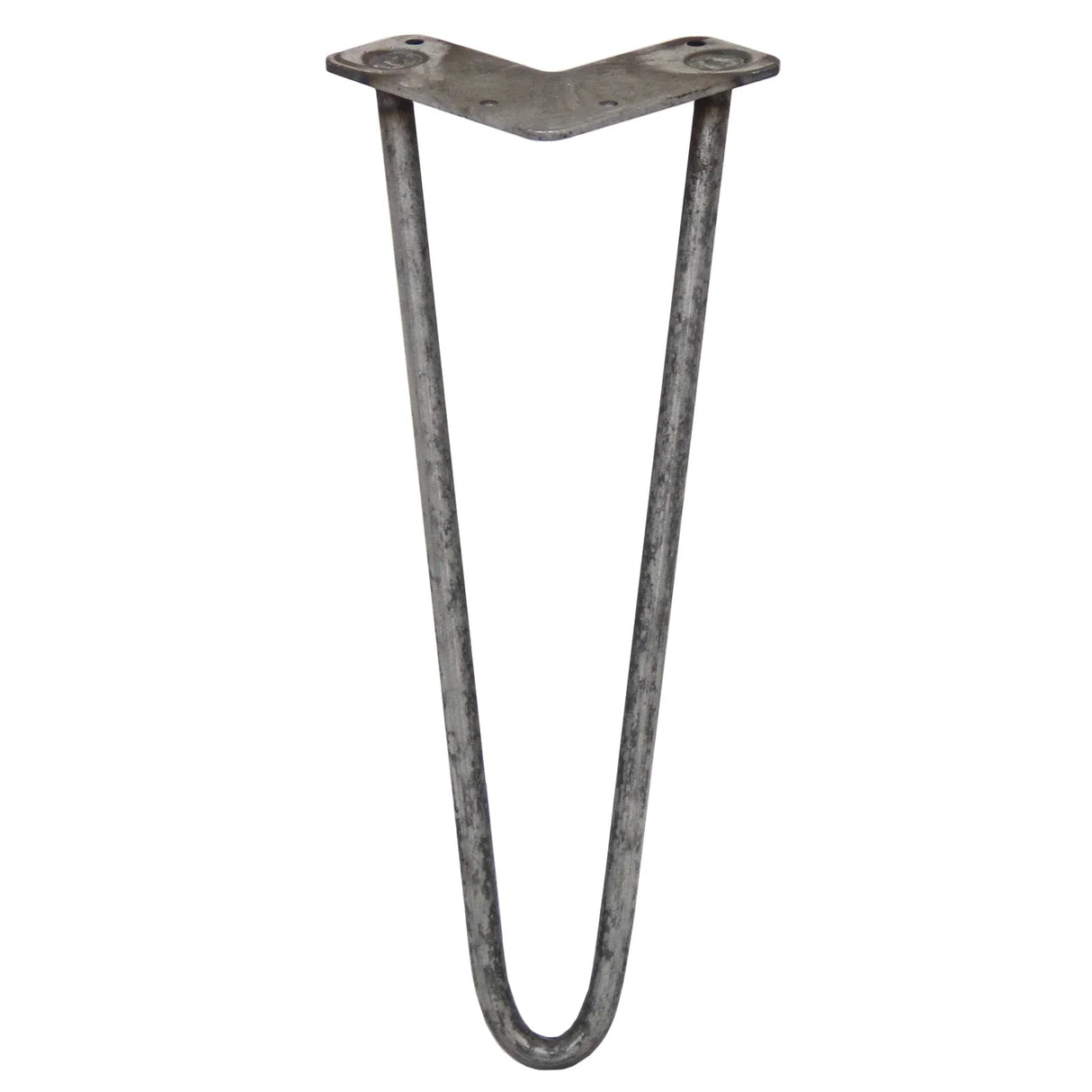 Raw steel hairpin leg with a 2-prong design, 14 inches tall, featuring a sleek, industrial look perfect for furniture projects
