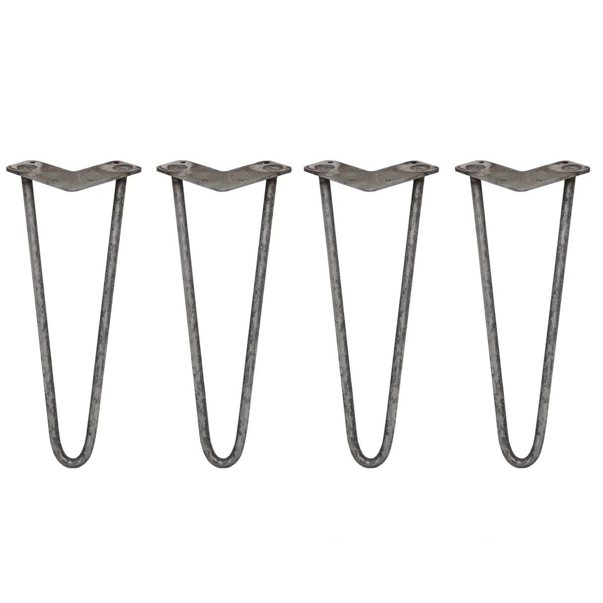 Raw steel hairpin legs, 4 x 14 inches, featuring a sleek, minimalist design with a 2-prong base for sturdy furniture support