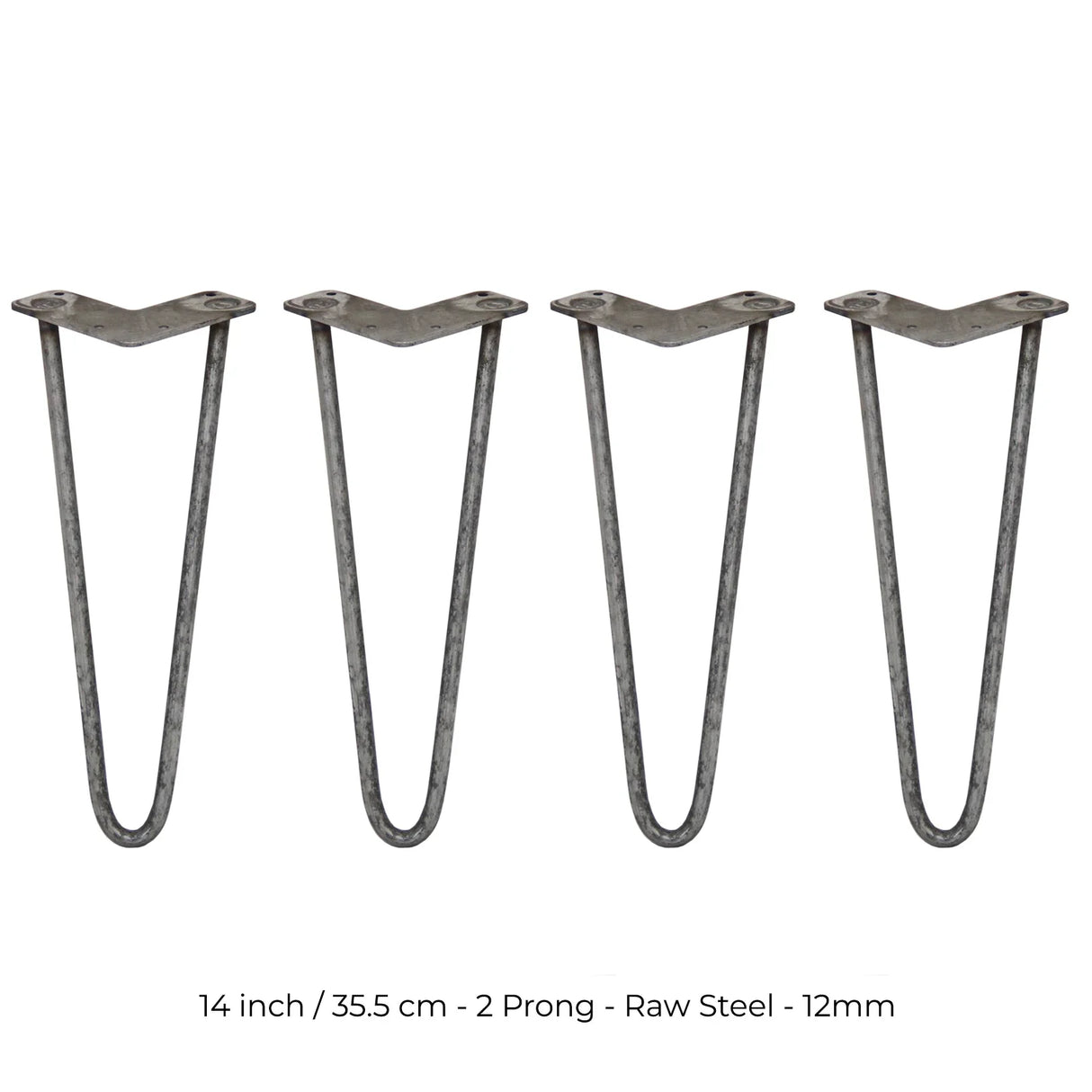 Set of four 14-inch hairpin legs in raw steel, featuring a sleek two-prong design and sturdy, minimalist construction