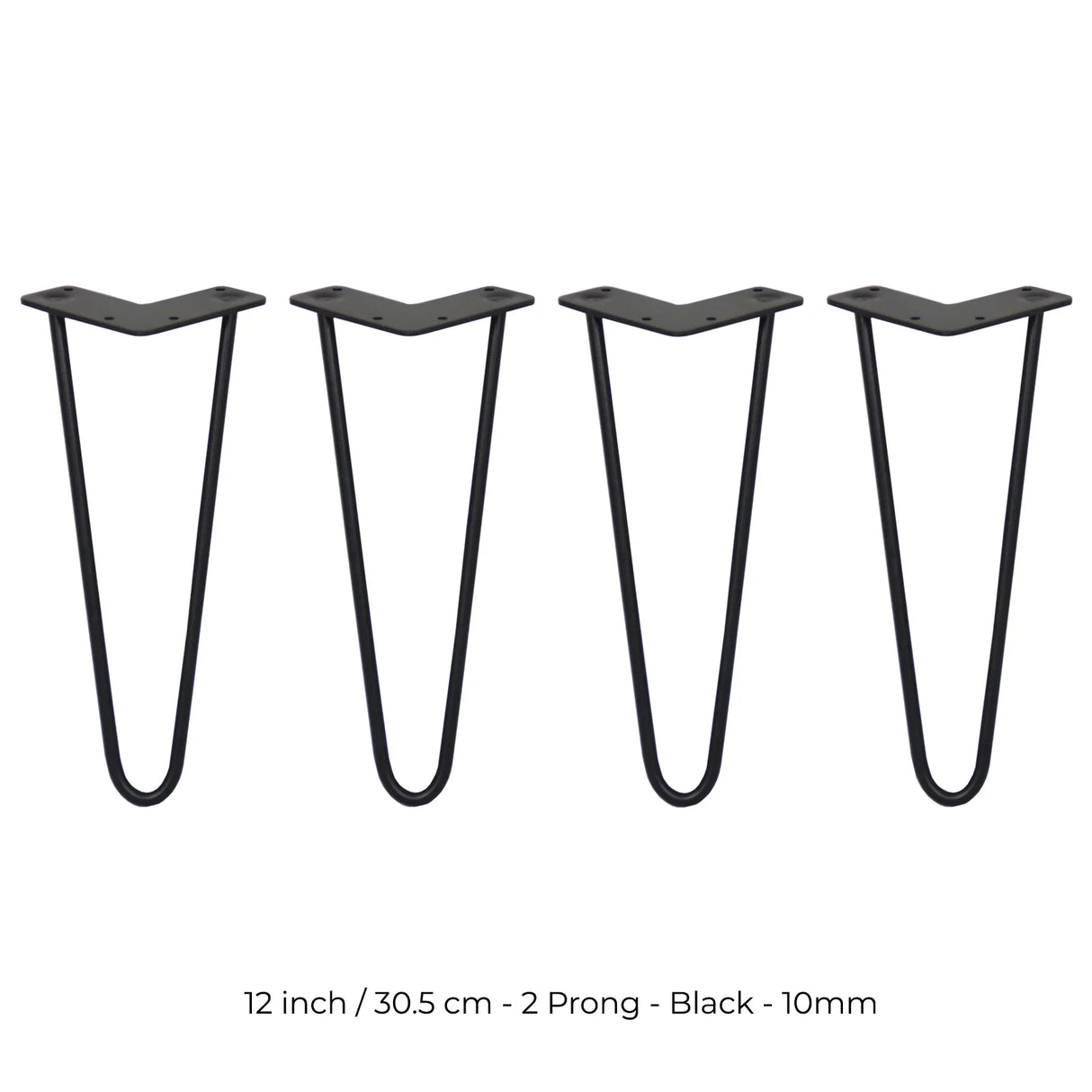Black 12-inch hairpin legs with a 2-prong design, made of sturdy metal, ideal for furniture projects and home decor