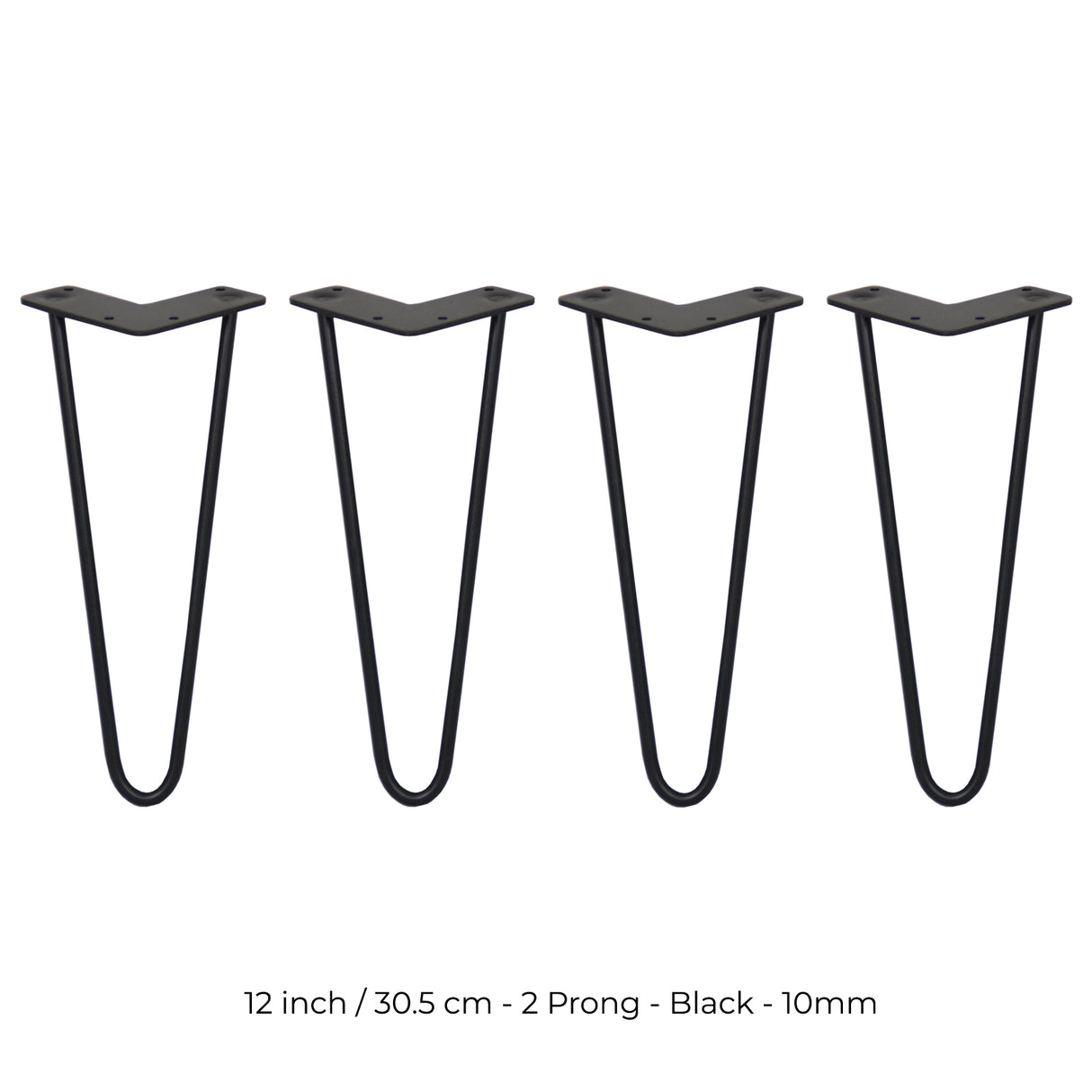 Black 12-inch hairpin legs with a 2-prong design, made of sturdy metal, ideal for furniture projects and home decor