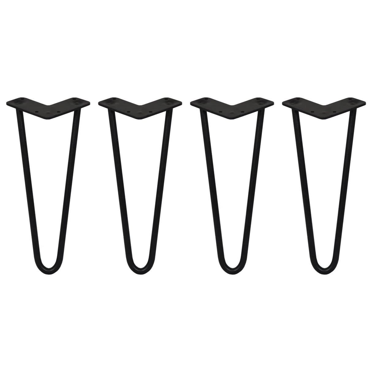 Black 12mm hairpin legs in a set of four, featuring a sleek, modern design with a sturdy two-prong base for furniture assembly