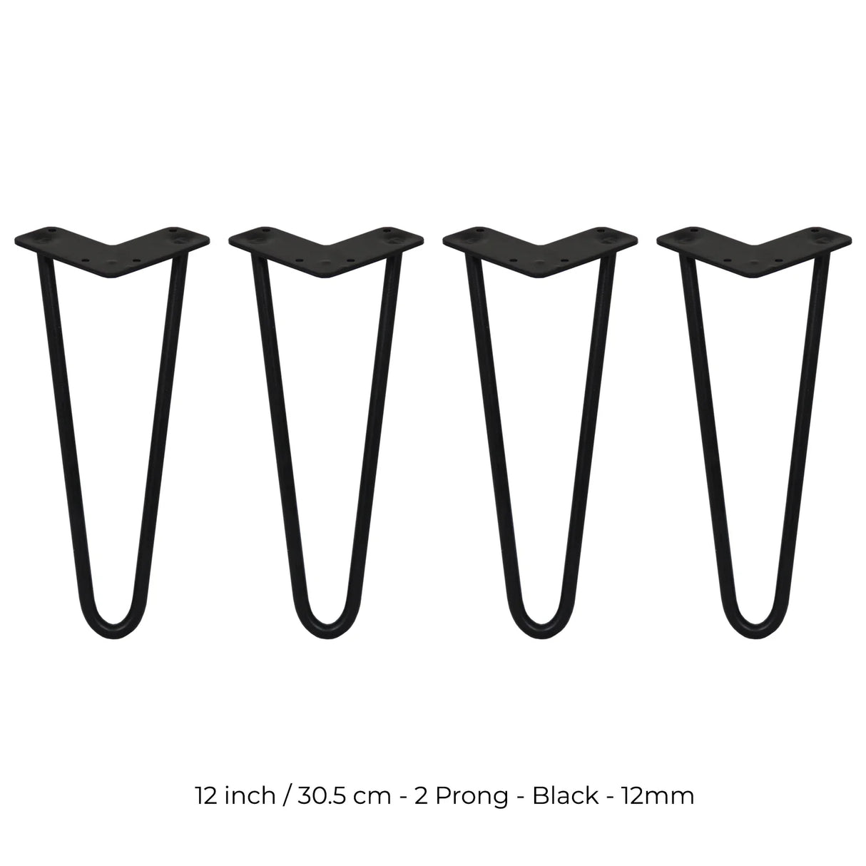 Black 12-inch hairpin legs with a sleek 2-prong design, perfect for DIY furniture projects, showcasing a modern industrial style