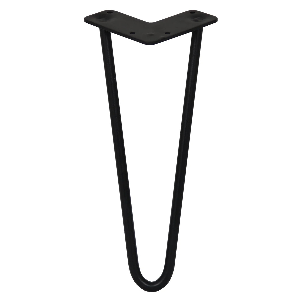 Black 12mm hairpin legs with a sleek, modern design, featuring a sturdy two-prong base for furniture support and stability