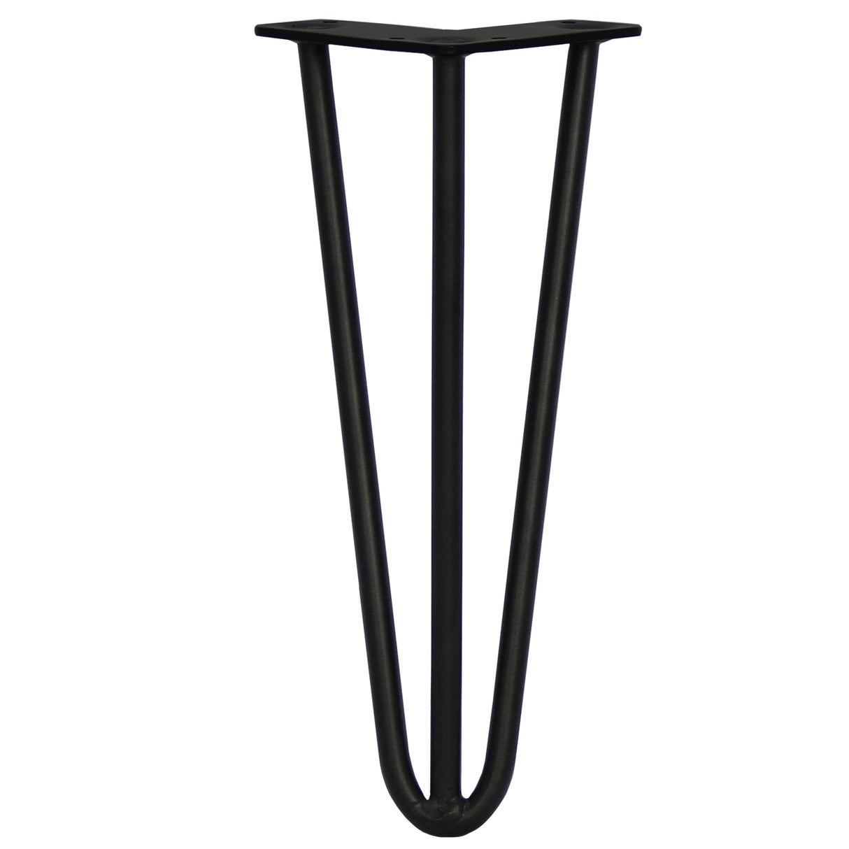 Black 12mm hairpin leg with a sleek, modern design, featuring three prongs for sturdy support, ideal for furniture projects