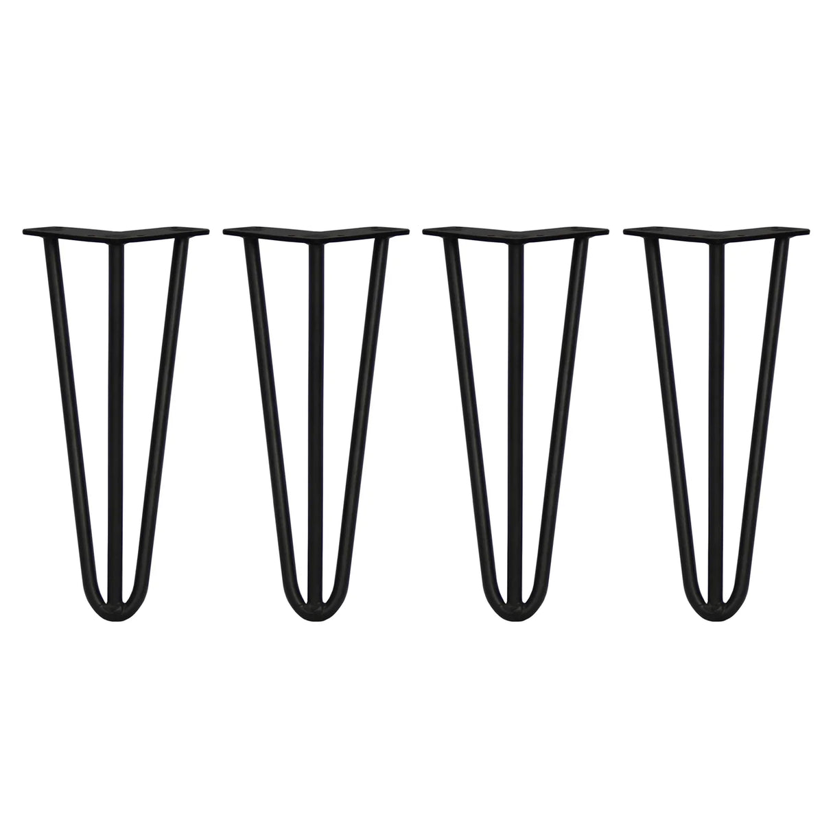Black 12mm hairpin legs in a set of four, featuring a sleek three-prong design ideal for modern furniture projects