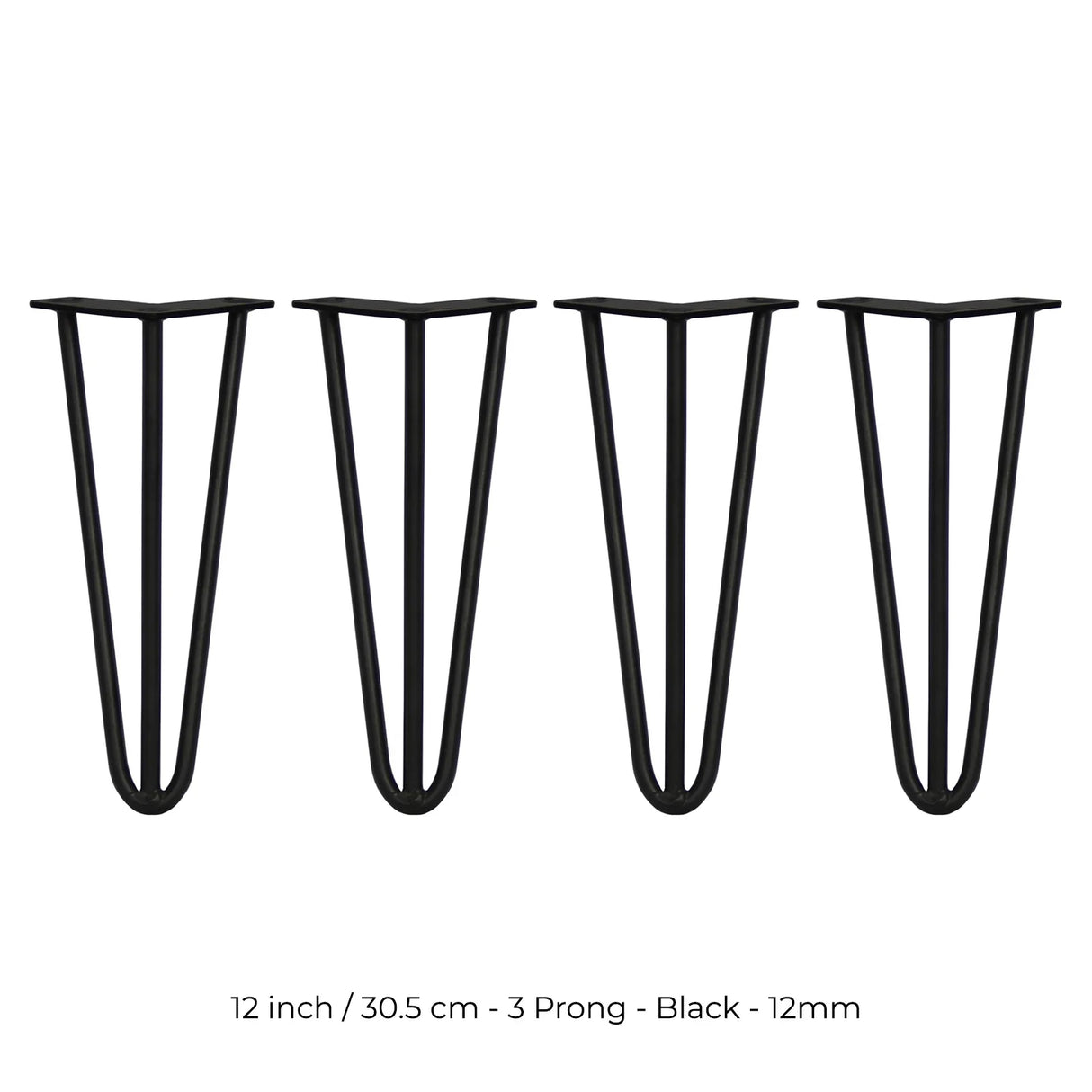 Black 12-inch hairpin legs with a sleek 3-prong design, perfect for modern furniture projects and DIY home decor