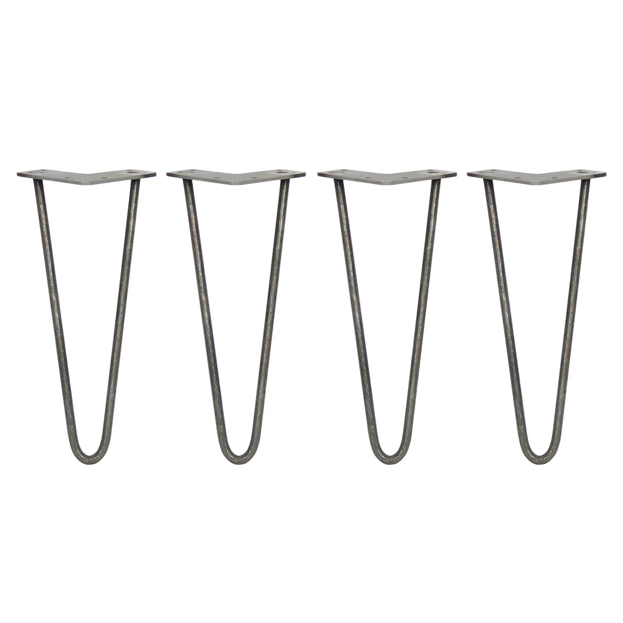 Raw steel hairpin legs, 4 x 12 inches, featuring a sleek, minimalist design with a 2-prong base for sturdy furniture support