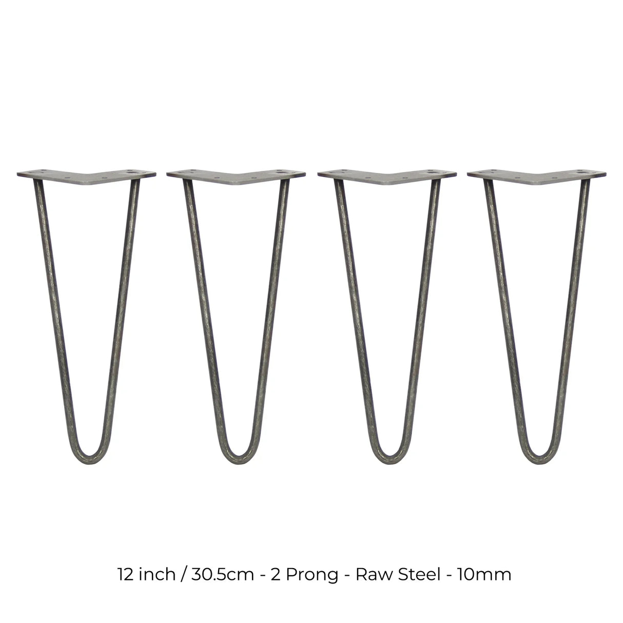 4 raw steel hairpin legs, 12 inches tall, 2 prong design, featuring a sleek, industrial look perfect for furniture projects