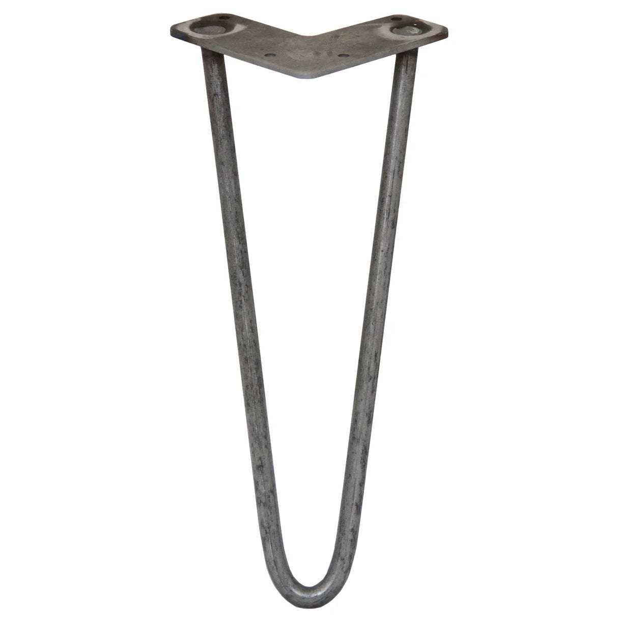 Raw steel hairpin legs with a 2-prong design, measuring 12 inches, featuring a sleek, minimalist shape perfect for furniture projects