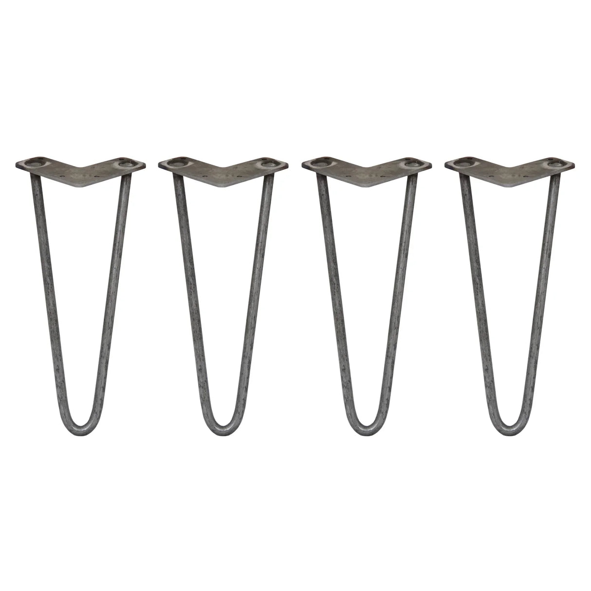Raw steel hairpin legs, 4 x 12 inches, featuring a sleek, minimalist design with a 2-prong base for sturdy furniture support