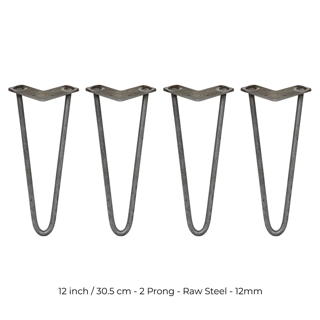 4 raw steel hairpin legs, 12 inches tall, featuring a sleek 2-prong design and a sturdy 12mm thickness, perfect for furniture projects
