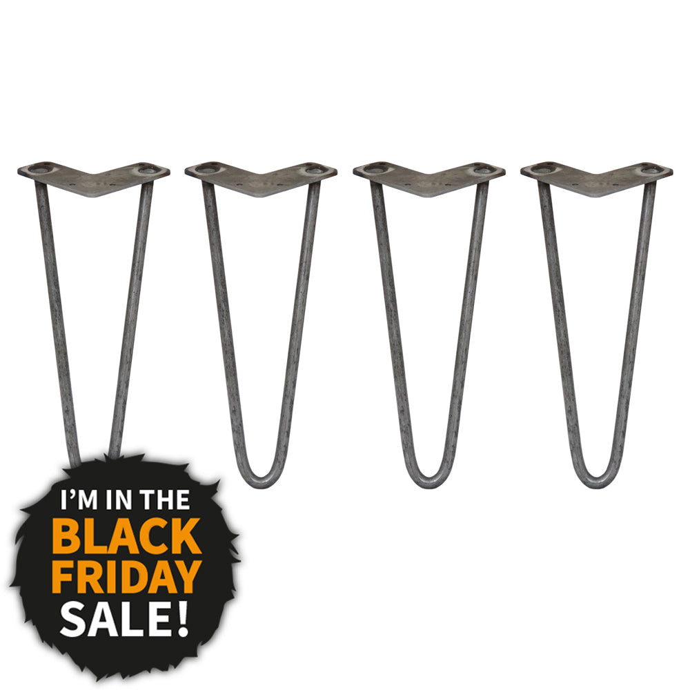 4 x 12" Hairpin Legs - 2 Prong - 12mm - Raw Steel