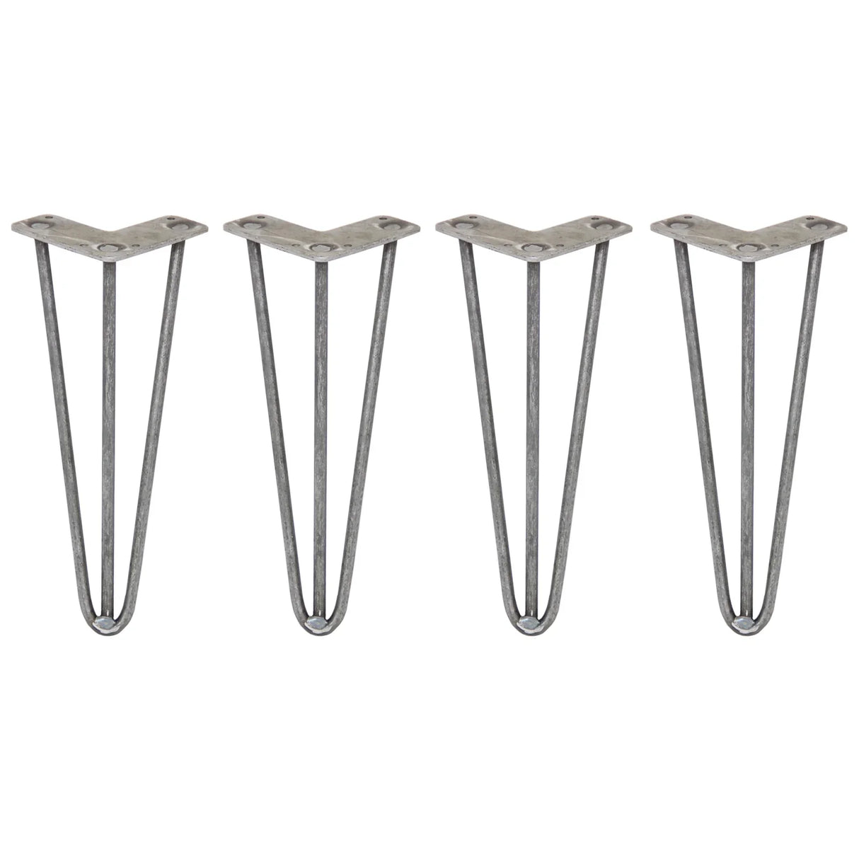 Four 12-inch hairpin legs in raw steel, featuring a sleek three-prong design, ideal for modern furniture projects and DIY crafts