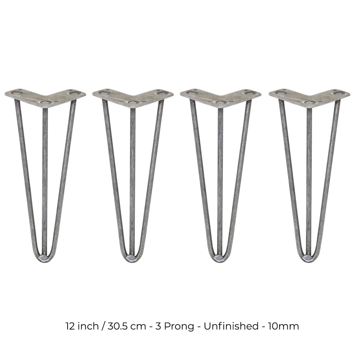 Raw steel hairpin legs, 12 inches tall, three prong design, featuring a sleek, minimalist look for furniture projects