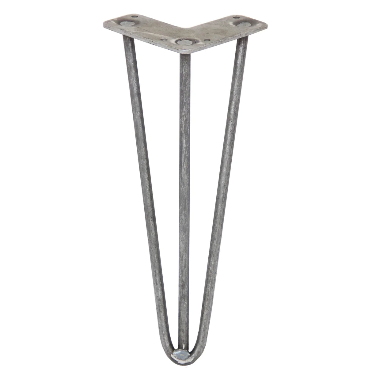 Raw steel 4 x 12" hairpin leg with three prongs, featuring a sleek, minimalist design ideal for modern furniture projects