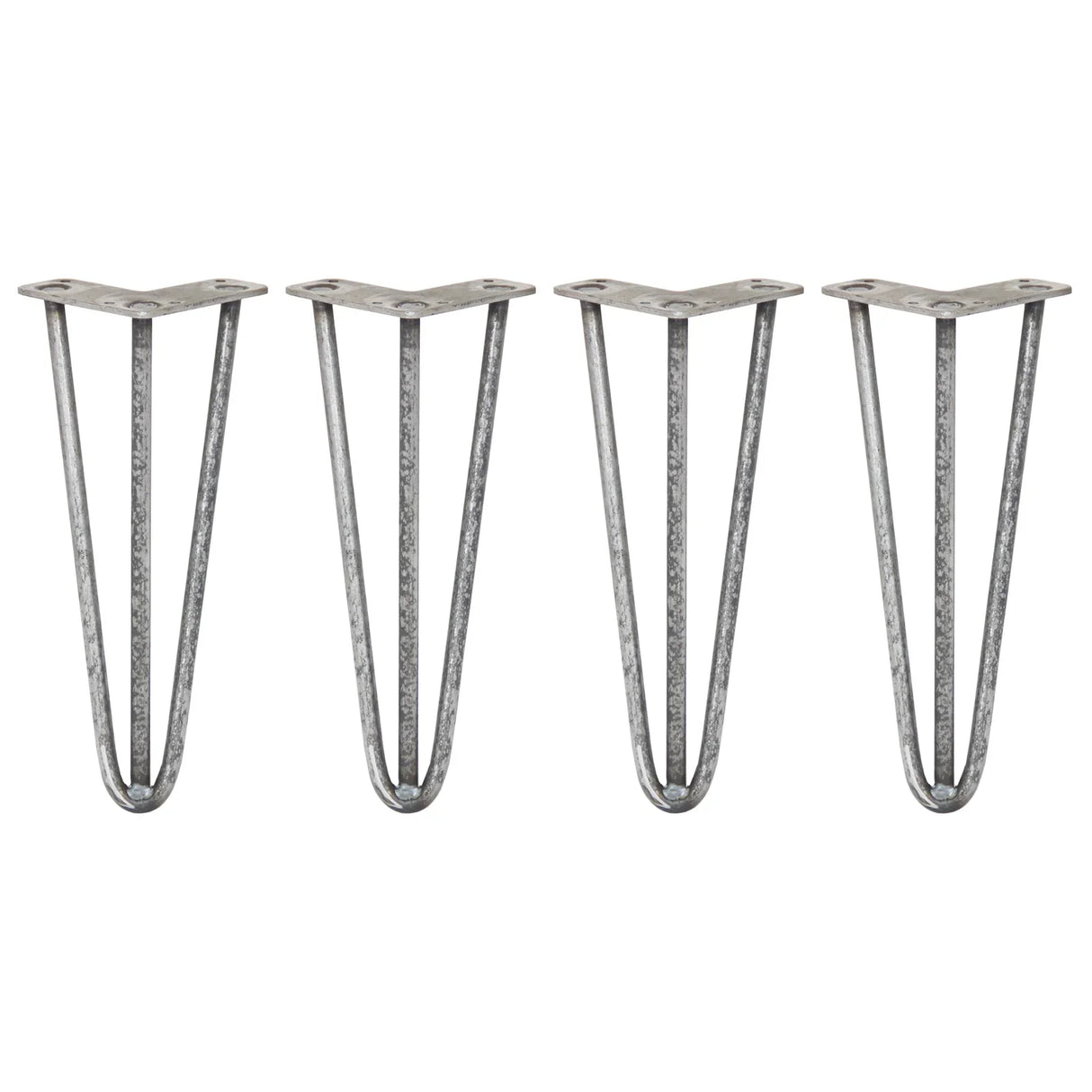 Four 12-inch hairpin legs made of raw steel, featuring a sleek, industrial design with a 3-prong base for stability